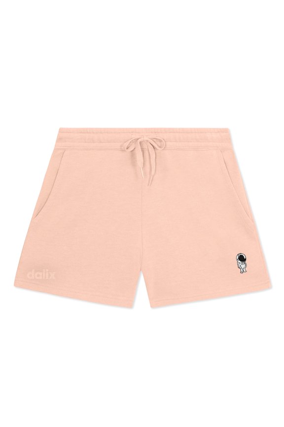 Astronaut Embroidered Shorts Washed Soft Fleece Relaxed Drawstring Pocket Fit Lounge Womens in Blush S Small