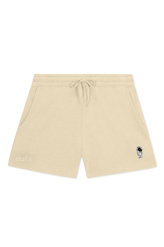 Astronaut Embroidered Shorts Washed Soft Fleece Relaxed Drawstring Pocket Fit Lounge Womens in Bone L Large