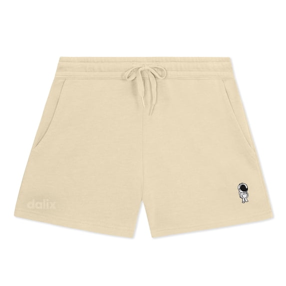 Dalix Astronaut Embroidered Shorts Washed Soft Fleece Relaxed Drawstring Pocket Fit Lounge Womens in Bone M Medium