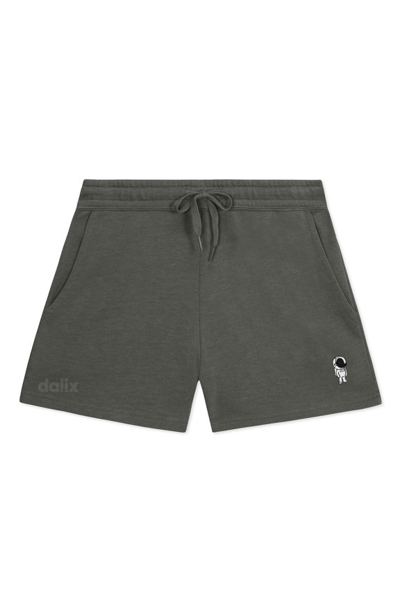 Astronaut Embroidered Shorts Washed Soft Fleece Relaxed Drawstring Pocket Fit Lounge Womens in Shadow L Large