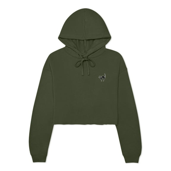 Dalix Black Cat Embroidered Fleece Cropped Hoodie Cold Fall Winter Women in Military Green L Large