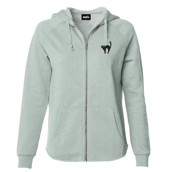 Dalix Black Cat Embroidered Fleece Zip Washed Hoodie Cold Fall Winter Women in Sage M Medium