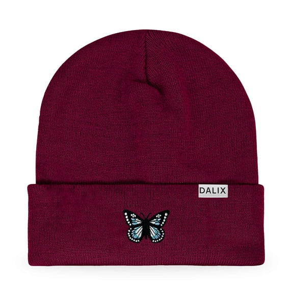 Dalix Butterfly Embroidered Beanie Insect Warm Winter Knit Hat for Women in Maroon
