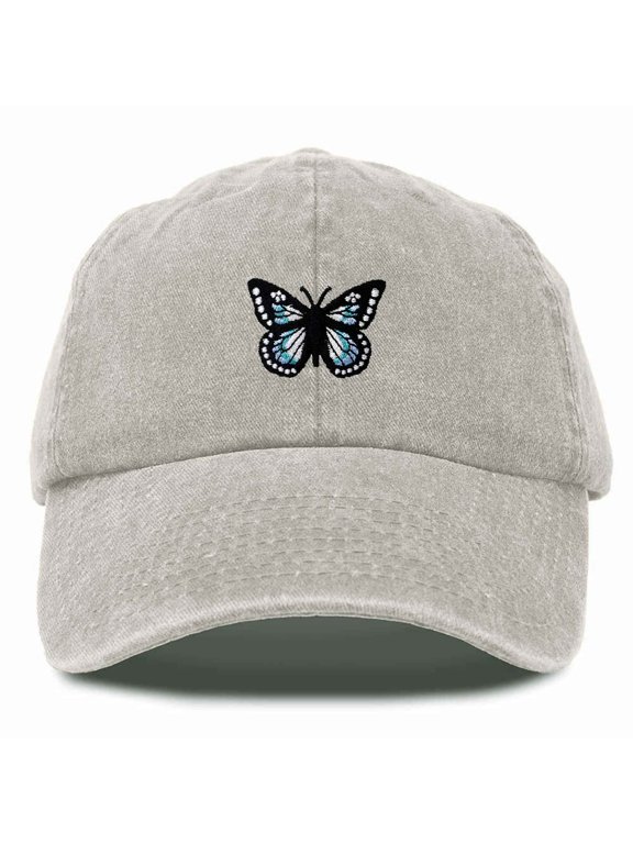 Butterfly Embroidered Cap Cotton Baseball Hat Garden Womens in Washed Stone White