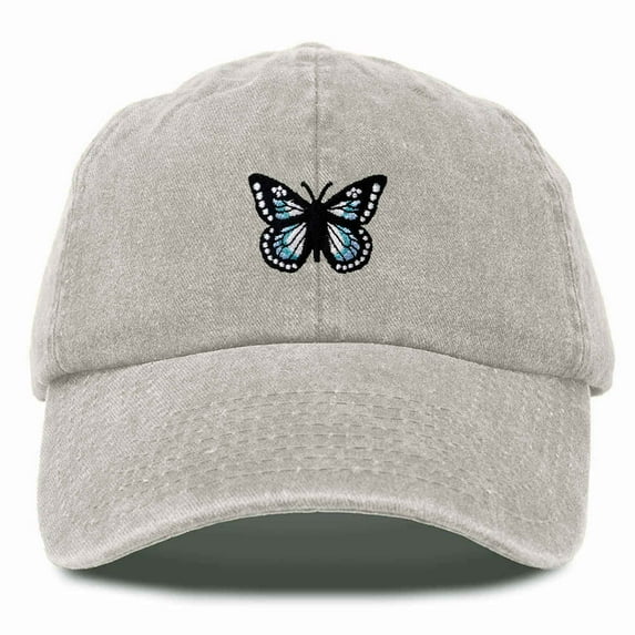 Dalix Butterfly Embroidered Cap Cotton Baseball Hat Garden Womens in Washed Stone White