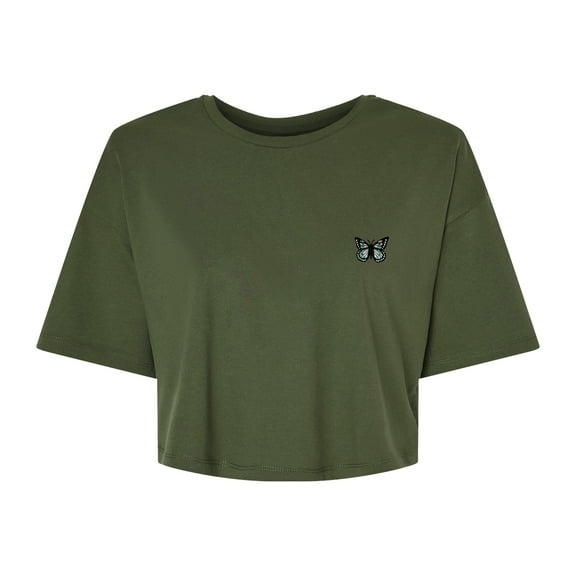 Dalix Butterfly Embroidered Cotton Relaxed Fit Flowy Short Sleeve Crewneck Tee Shirt Womens in Military Green L Large