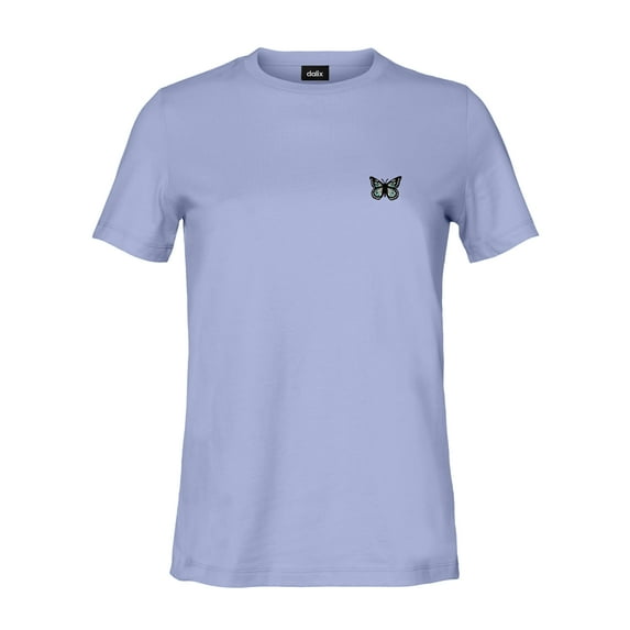 Dalix Butterfly Embroidered Cotton Relaxed Fit Short Sleeve Crewneck Tee Shirt Women in Lavender Blue L Large
