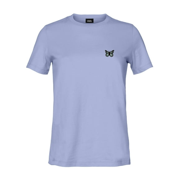 Dalix Butterfly Embroidered Cotton Relaxed Fit Short Sleeve Crewneck Tee Shirt Women in Lavender Blue L Large
