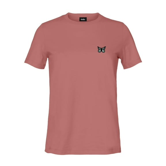 Dalix Butterfly Embroidered Cotton Relaxed Fit Short Sleeve Crewneck Tee Shirt Women in Mauve S Small