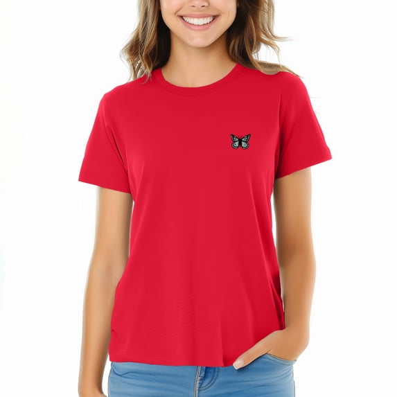 Dalix Butterfly Embroidered Cotton Relaxed Fit Short Sleeve Crewneck Tee Shirt Women in Red XS X-Small