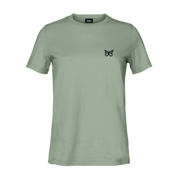 Dalix Butterfly Embroidered Cotton Relaxed Fit Short Sleeve Crewneck Tee Shirt Women in Sage XL X-Large
