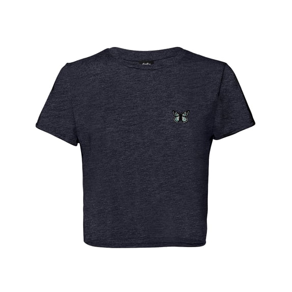 Dalix Butterfly Embroidered Cropped Flowy Soft Cotton Short Sleeve T Shirt Womens in Heather Navy M Medium
