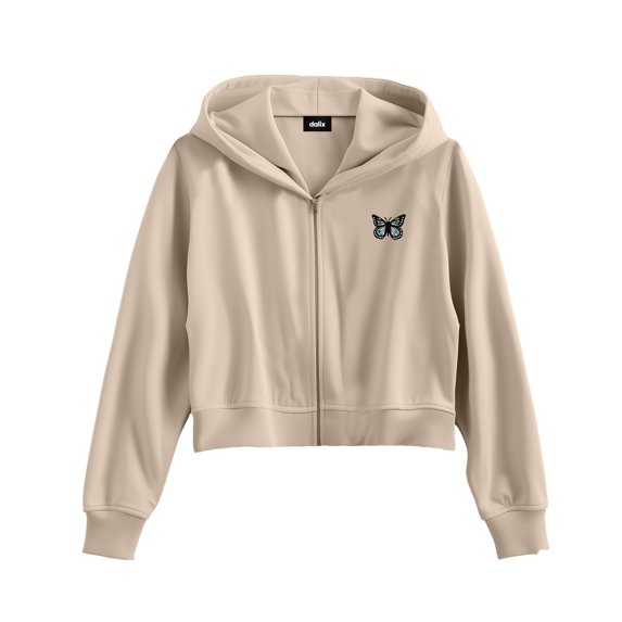 Dalix Butterfly Embroidered Fleece Cropped Zip Hoodie Cold Fall Winter Womens in Tan M Medium