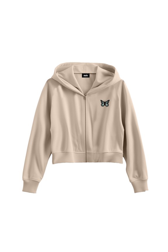 Butterfly Embroidered Fleece Cropped Zip Hoodie Cold Fall Winter Womens in Tan S Small