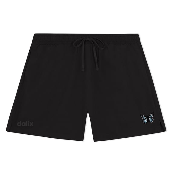 Dalix Butterfly Embroidered Shorts Elastic Drawcord Pocket Key Loop Active Womens in Black S Small