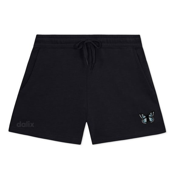 Dalix Butterfly Embroidered Shorts Washed Soft Fleece Relaxed Drawstring Pocket Fit Lounge Womens in Black XS X-Small