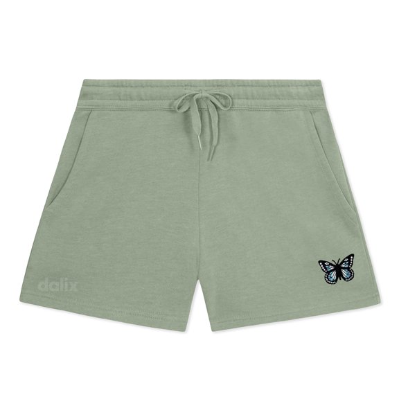 Dalix Butterfly Embroidered Shorts Washed Soft Fleece Relaxed Drawstring Pocket Fit Lounge Womens in Sage L Large