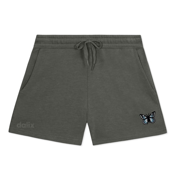 Dalix Butterfly Embroidered Shorts Washed Soft Fleece Relaxed Drawstring Pocket Fit Lounge Womens in Shadow 2XL XX-Large