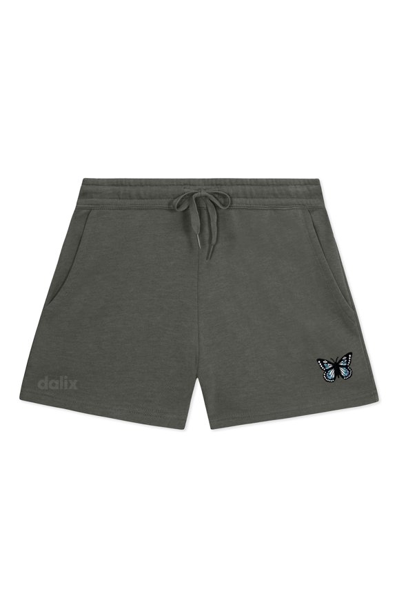 Butterfly Embroidered Shorts Washed Soft Fleece Relaxed Drawstring Pocket Fit Lounge Womens in Shadow M Medium