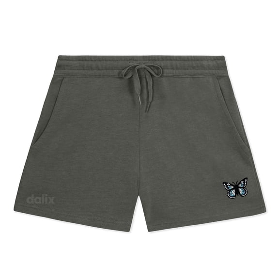 Dalix Butterfly Embroidered Shorts Washed Soft Fleece Relaxed Drawstring Pocket Fit Lounge Womens in Shadow XS X-Small