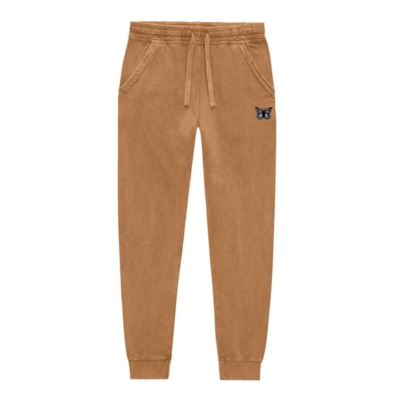 Dalix Butterfly Embroidered Washed Jogger Pant Soft Fleece Relaxed Fit Lounge Womens in Camel XL X-Large