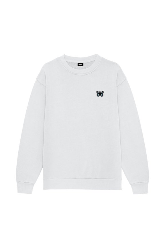 Butterfly Embroidery Relaxed Crewneck Sweatshirt Soft Fleece Fit Lounge Womens in Lunar Gray L Large