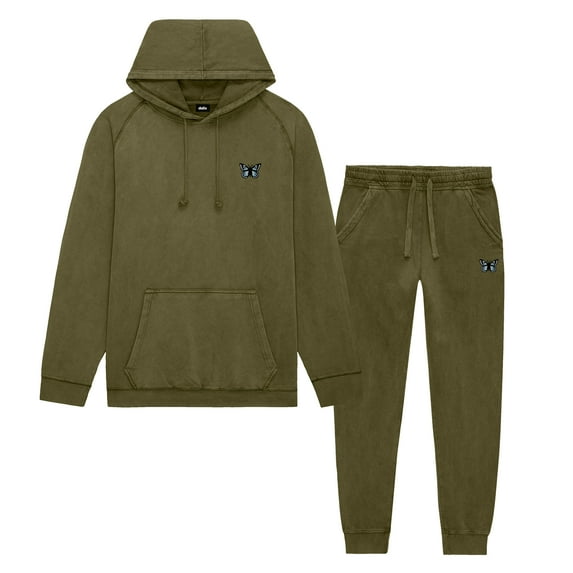 Dalix Butterfly Embroidery Washed Sweatsuit Set Hoodie Jogger Soft Fleece Relaxed Fit Lounge Womens in Olive XL X-Large