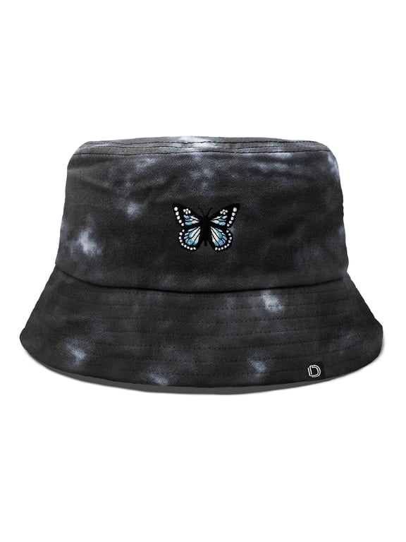 Butterfly Tie Dye Bucket Hat Cotton Embroidery Casual Outdoor Style Womens in Tie Dye Black M Medium