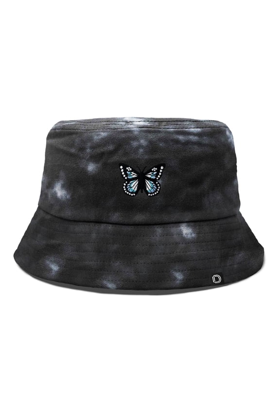 Butterfly Tie Dye Bucket Hat Cotton Embroidery Casual Outdoor Style Womens in Tie Dye Black M Medium