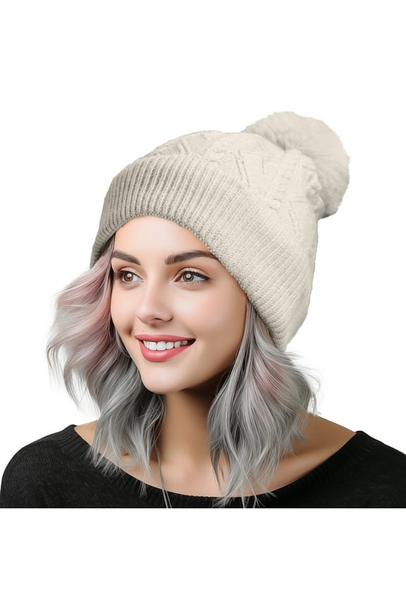 Cable Knit Pom Beanie Soft Stretch Skully Warm Fuzzy Faux Sherpa Winter Ski Beanie in Cream