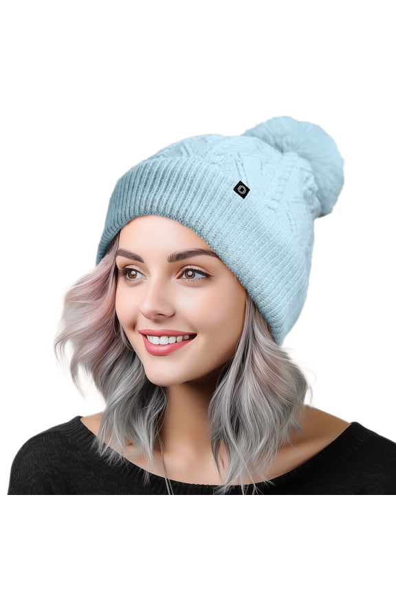 Cable Knit Pom Beanie Soft Stretch Skully Warm Fuzzy Faux Sherpa Winter Ski Beanie in Light Blue