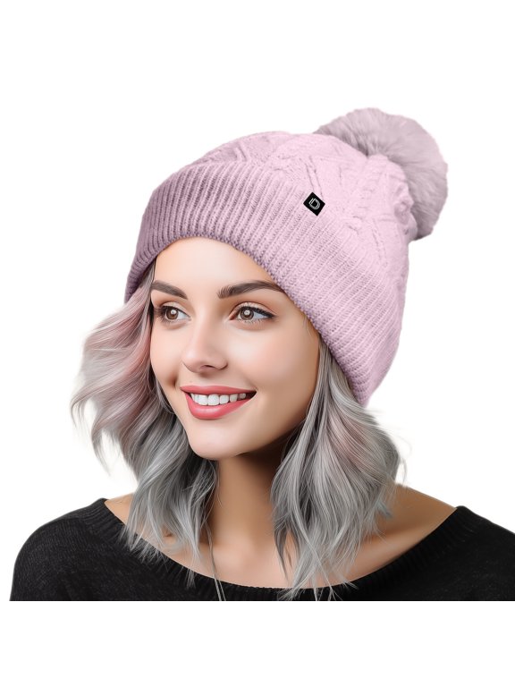Cable Knit Pom Beanie Soft Stretch Skully Warm Fuzzy Faux Sherpa Winter Ski Beanie in Orchid