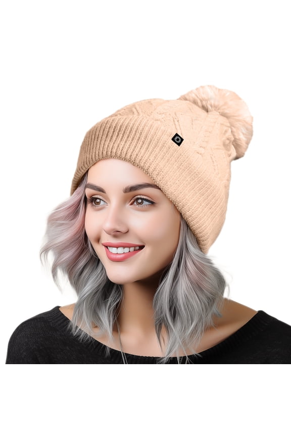 Cable Knit Pom Beanie Soft Stretch Skully Warm Fuzzy Faux Sherpa Winter Ski Beanie in Peach