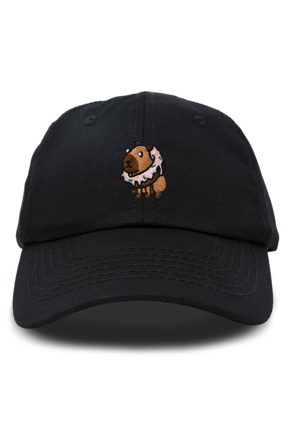 Capybara Donut Cap Embroidered Dad Baseball Hat Cotton Adjustable Womens in Black