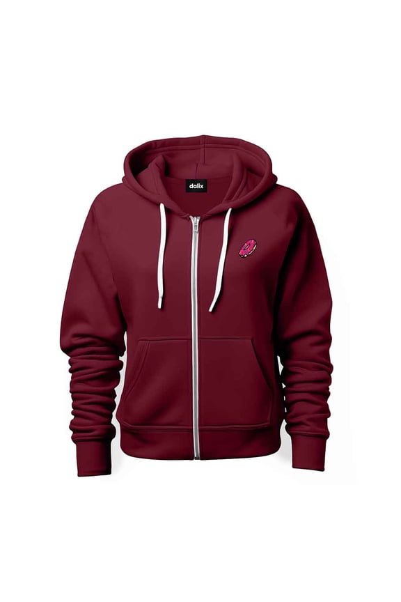 Donut Embroidered Hoodie Fleece Sweatshirt Zip Front Mens in Maroon M Medium