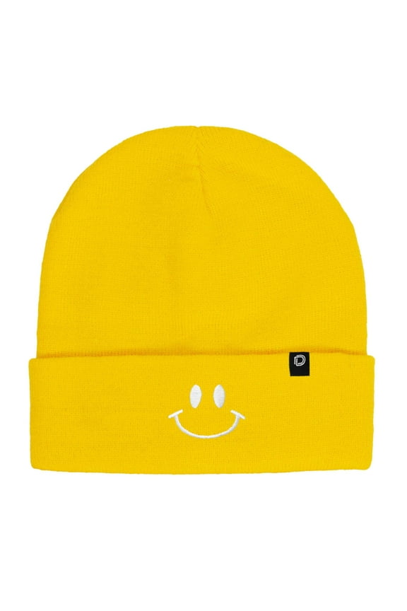 Embroidered Smile Face Beanie in Yellow
