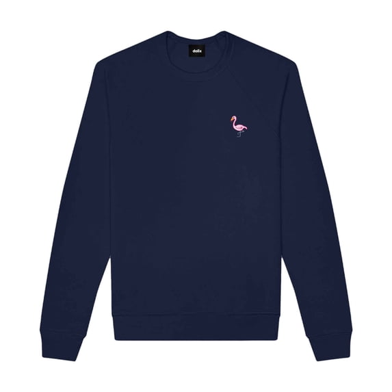 Dalix Flamingo Embroidered Fleece Crewneck Long Sleeve Sweatshirt Mens in Navy Blue L Large