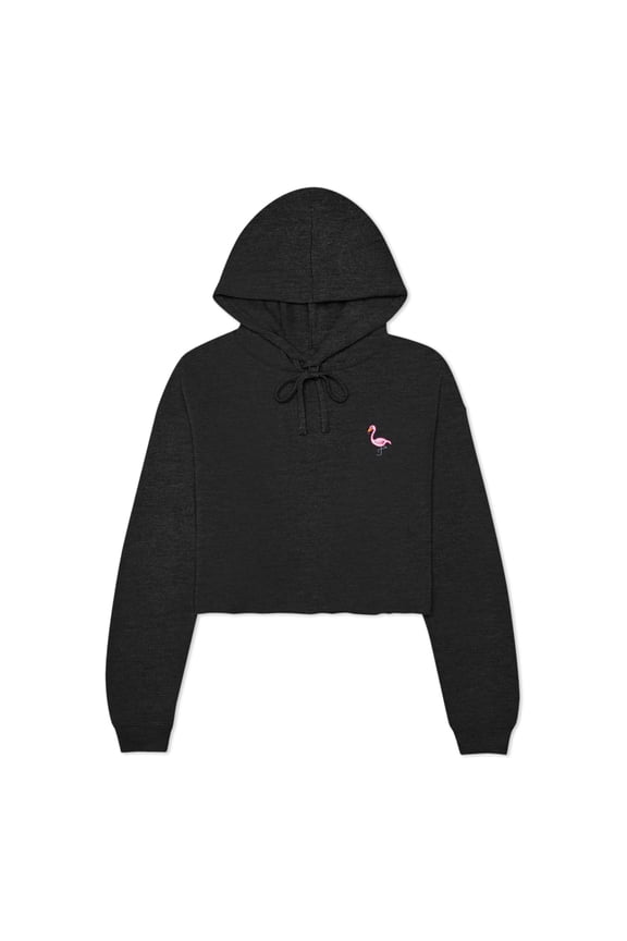 Flamingo Embroidered Fleece Cropped Hoodie Cold Fall Winter Women in Dark Heather M Medium