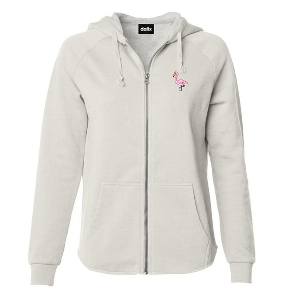 Dalix Flamingo Embroidered Fleece Zip Washed Hoodie Cold Fall Winter Women in Bone S Small