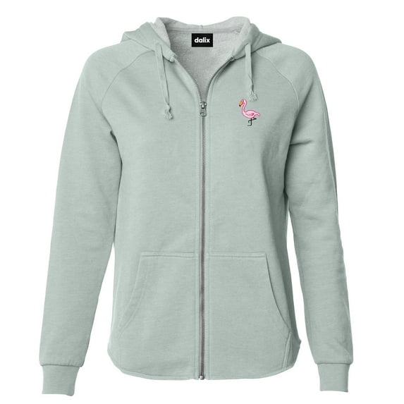 Dalix Flamingo Embroidered Fleece Zip Washed Hoodie Cold Fall Winter Women in Sage XS X-Small