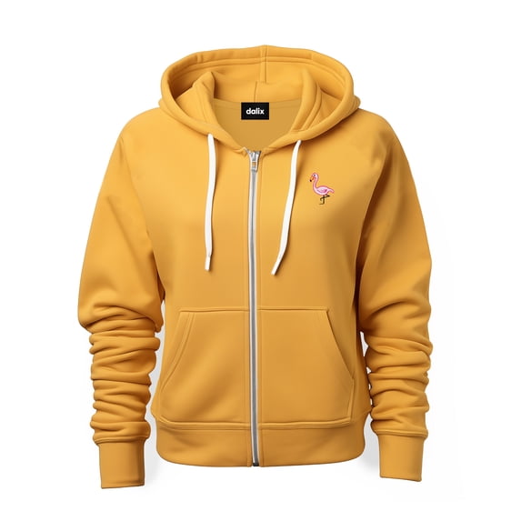 Dalix Flamingo Embroidered Zip Hoodie Fleece Long Sleeve Pocket Warm Soft Mens in Gold L Large