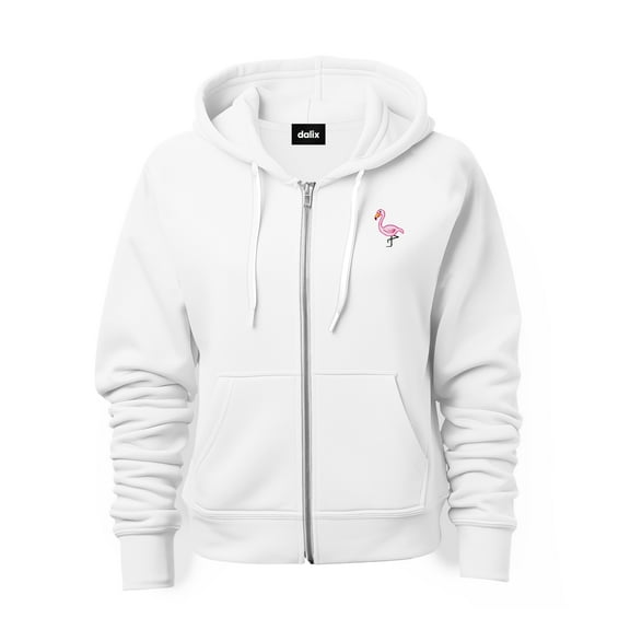 Dalix Flamingo Embroidered Zip Hoodie Fleece Long Sleeve Pocket Warm Soft Mens in White XL X-Large