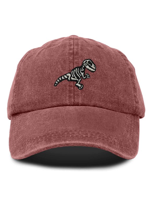 Fossil Embroidered Dinosaur T Rex Cotton Dad Hat Baseball Cap Adjustable Mens in Washed Red
