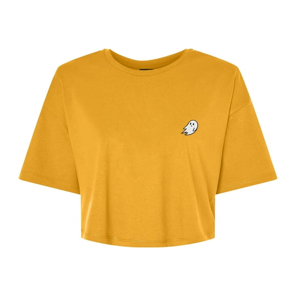 Dalix Ghost Embroidered Cropped Relaxed Cropped Soft Lightweight Loose T Shirt Womens in Mustard S Small