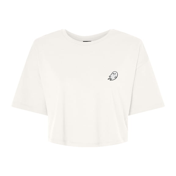 Dalix Ghost Embroidered Cropped Relaxed Cropped Soft Lightweight Loose T Shirt Womens in Vintage White S Small