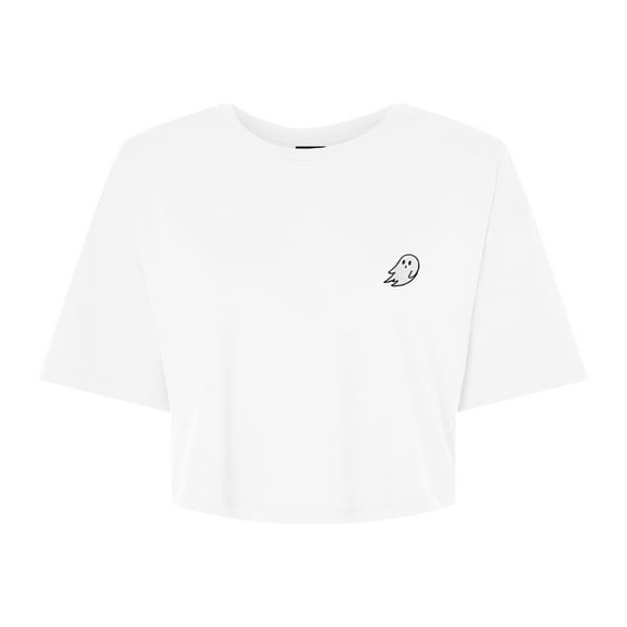 Dalix Ghost Embroidered Cropped Relaxed Cropped Soft Lightweight Loose T Shirt Womens in White M Medium