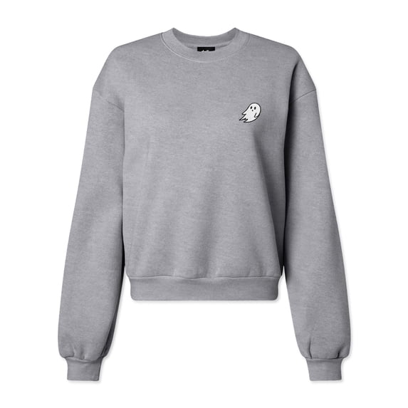 Dalix Ghost Embroidered Fleece Relaxed Boxy Fit Long Sleeve Crewneck Sweatshirt Womens in Heather Gray M Medium