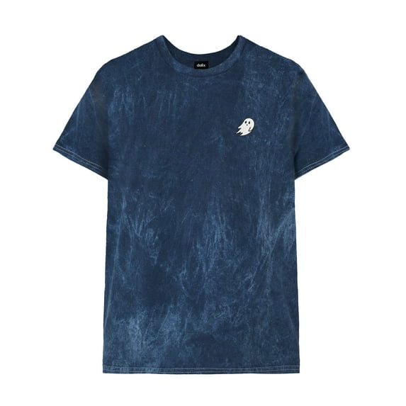 Dalix Ghost Embroidered Mineral Wash Tie Dye Cotton Short Sleeve Tee T Shirt Mens in Navy Blue S Small