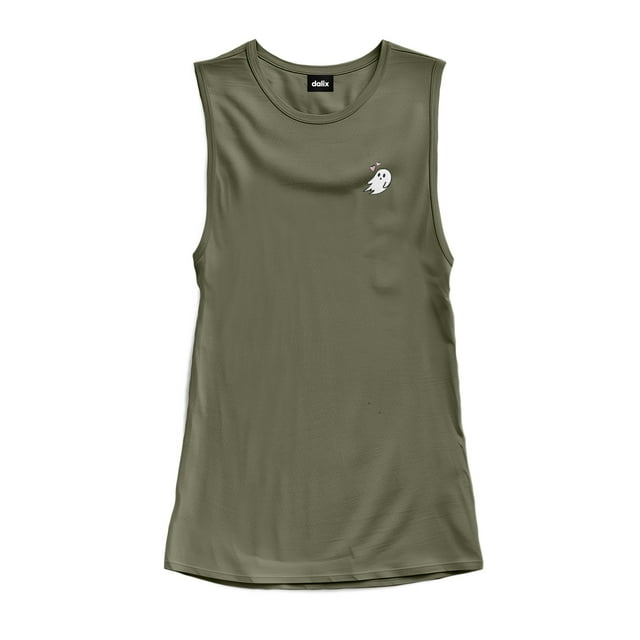 Dalix Ghost Embroidered Muscle Tank Sleeveless Cotton Soft Summer Womens in Military Green M Medium
