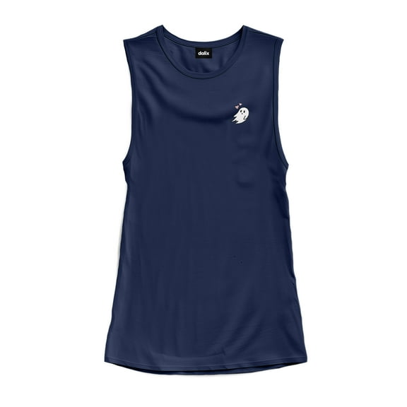 Dalix Ghost Embroidered Muscle Tank Sleeveless Cotton Soft Summer Womens in Navy Blue L Large